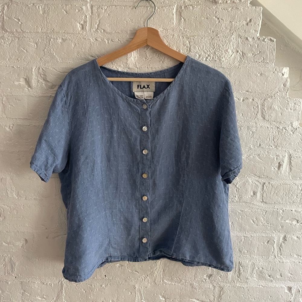 Flax Dusty Blue Linen Button-Front Top